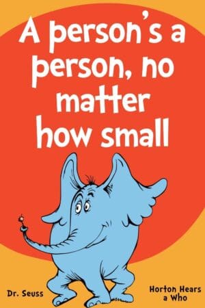 horton hears a who quotes Meme with Dr. Seuss's quote "A person’s a person, no matter how small" from Horton Hears a Who, featuring Horton the elephant on a vibrant background.