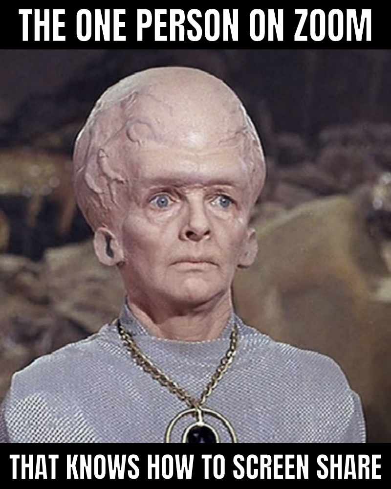 screen share zoom meme Funny Zoom meme featuring an alien with an oversized brain, captioned 'The one person on Zoom that knows how to screen share', humorously highlighting the tech savviness needed to master screen sharing during video calls.