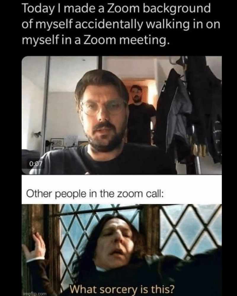virtual background zoom meme Meme showing a man who made a Zoom background of himself accidentally walking in on his own Zoom meeting, with people in the call portrayed as a shocked wizard asking, 'What sorcery is this?'