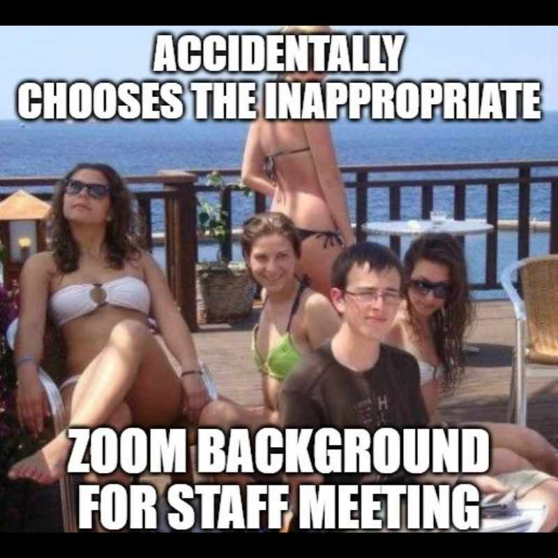 zoom background meme Meme of a young man sitting awkwardly among people in swimsuits by the sea, with the caption 'Accidentally chooses the inappropriate Zoom background for staff meeting.'