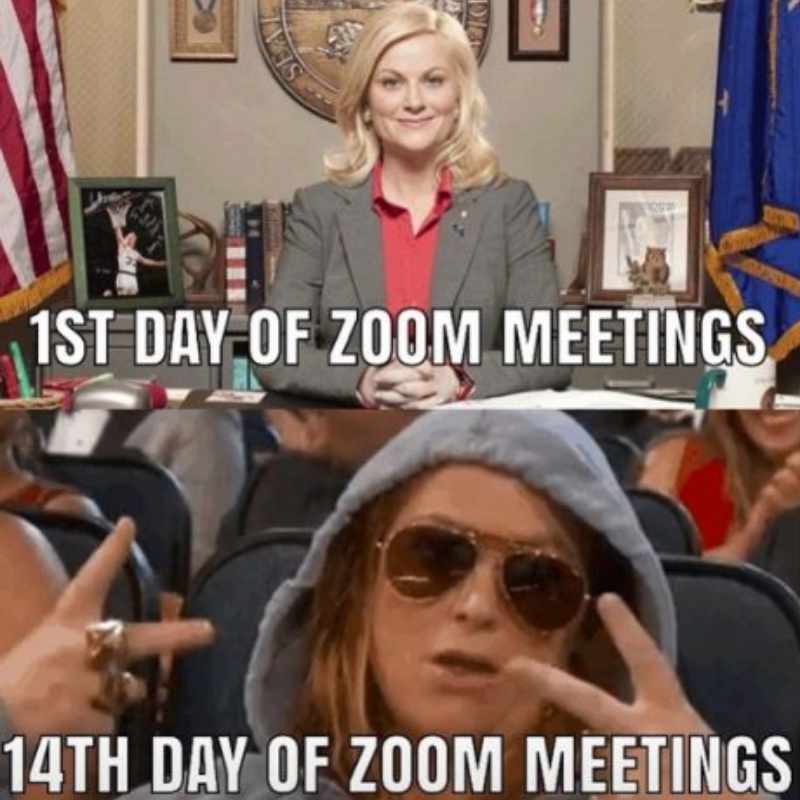 zoom meetings all day meme Meme comparing a woman's appearance on the 1st day of Zoom meetings, looking professional and upbeat, with the 14th day, where she's casually dressed in a hoodie and sunglasses, making a peace sign.