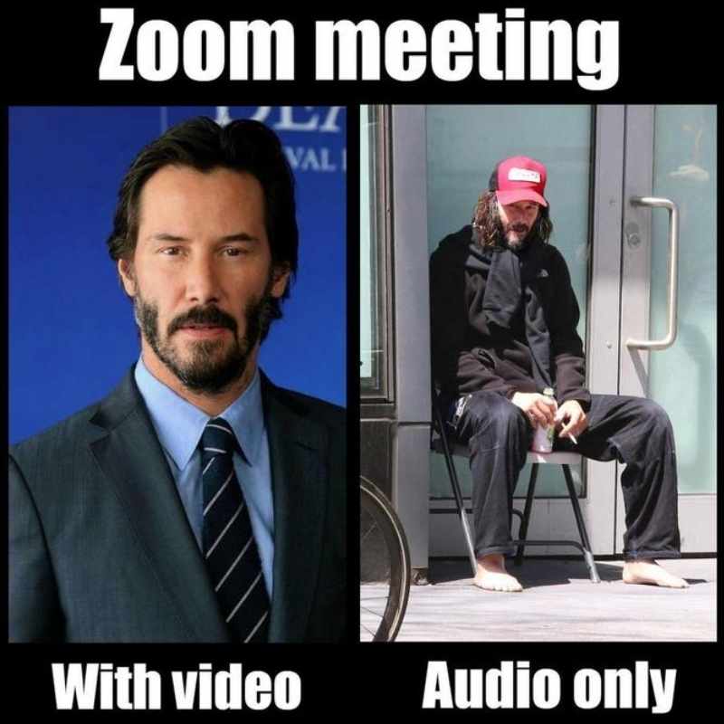 zoom meme video audio Meme depicting 'Zoom meeting' expectations versus reality: on the left, a polished businessman for 'With video', on the right, a casual bearded man sitting barefoot for 'Audio only'.