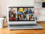 Zoom call meme showing five happy participants and one charming emoji character taking center stage, possibly reflecting anyone's inner mood during virtual meetings. Laughter guaranteed!