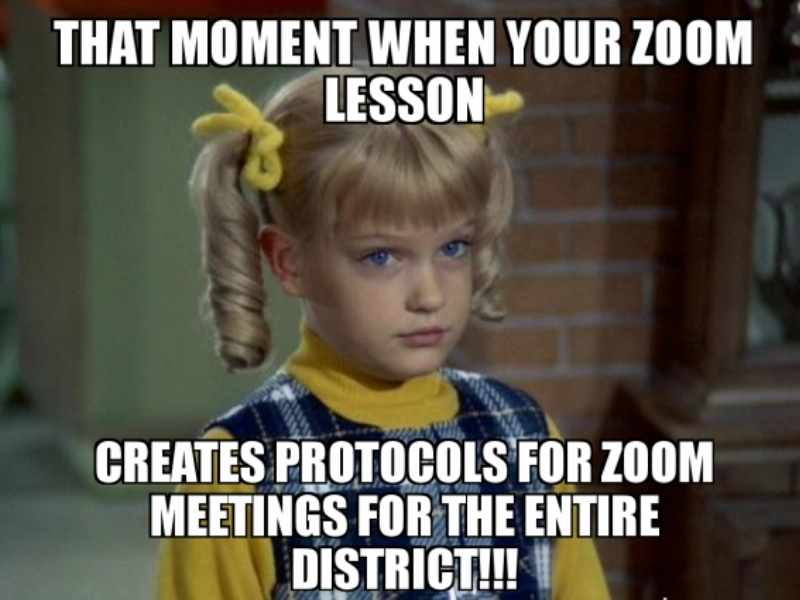 zoom rules meme Meme of a young girl with pigtails looking unimpressed, with text: 'That moment when your Zoom lesson creates protocols for Zoom meetings for the entire district!!!'