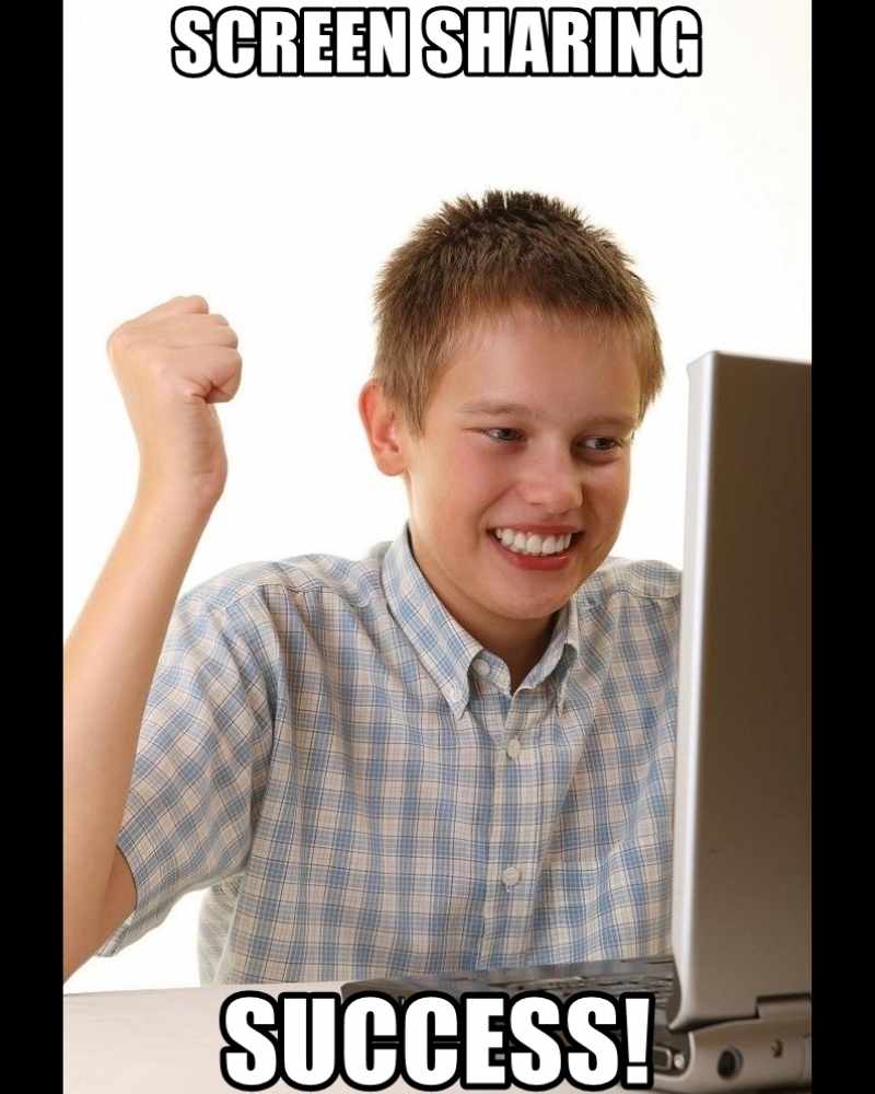 zoom screen share meme Classic meme of an excited kid in front of a laptop with the caption 'SCREEN SHARING SUCCESS!', humorously celebrating a small tech victory like it's the World Cup.