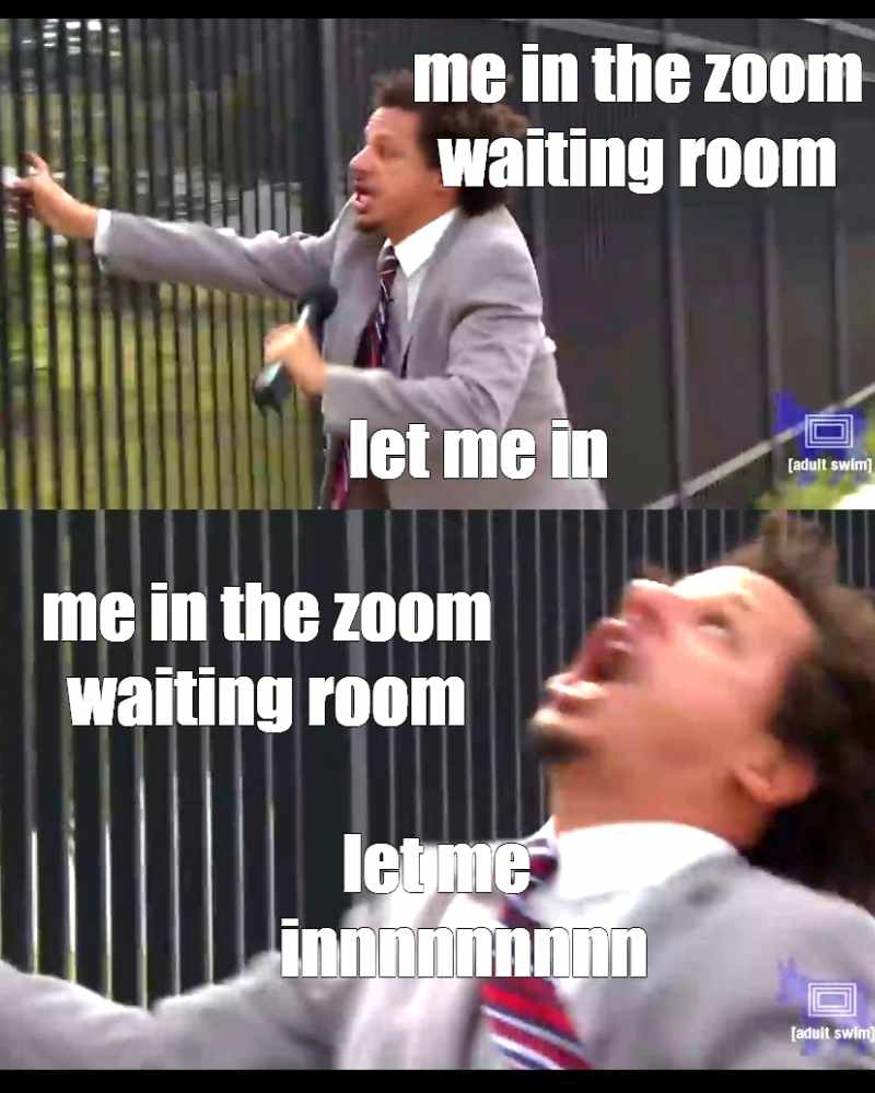 zoom waiting room meme Meme featuring a distressed man in a suit yelling at a metal fence, text reads: "Me in the Zoom waiting room, let me in" followed by an exclamatory "let me innnnnnn."