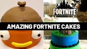 A hilarious duo of Fortnite cakes: one looking suspiciously like a fish about to win a dance battle, and the other equipped with fortbuilding skills perfect for a sweet tooth victory royale.