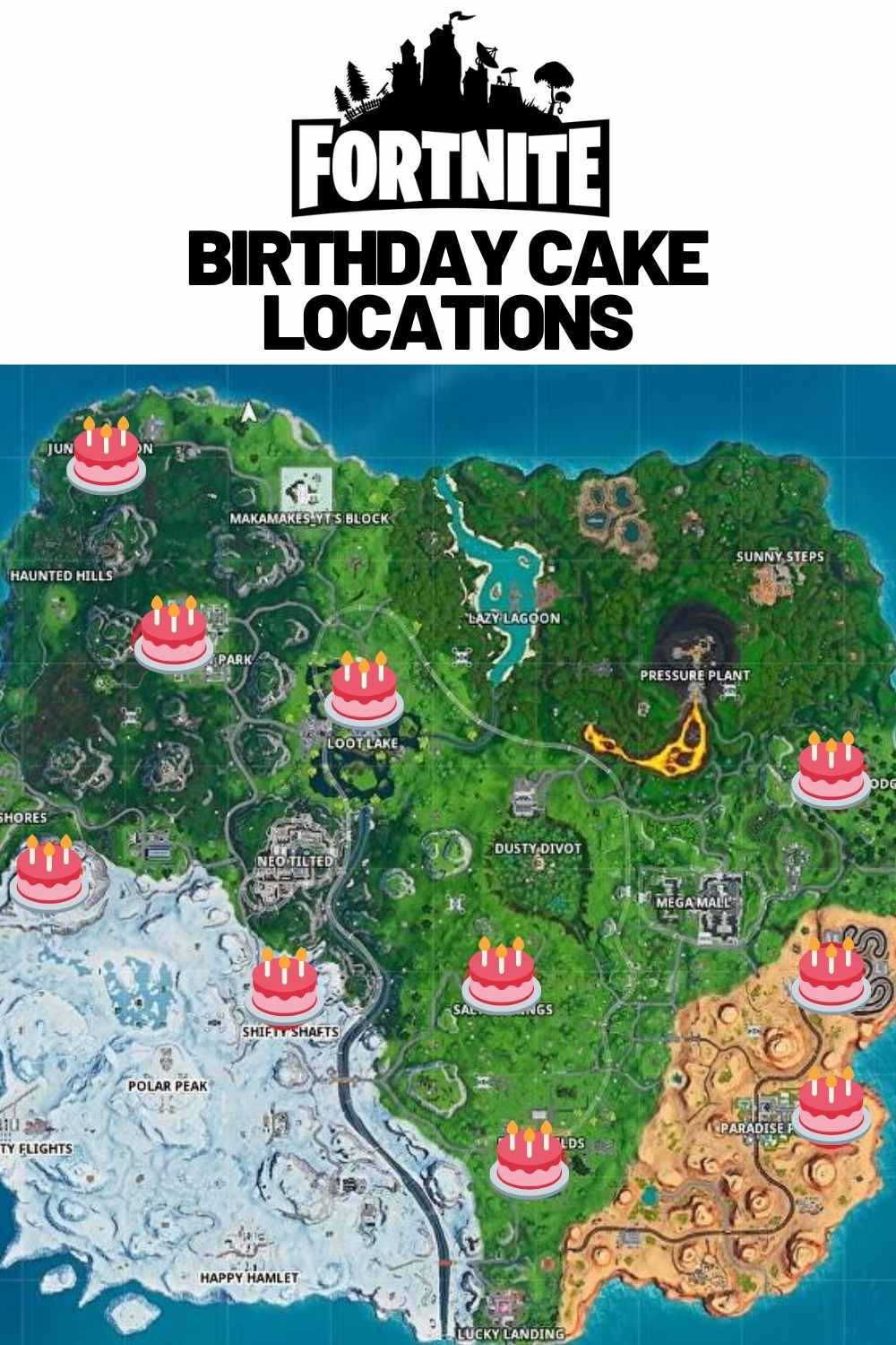 fortnite birthday cakes in game map Map of Fortnite with birthday cake icons marking the sweetest places to drop and celebrate – because even in a battle royale, cake is life!