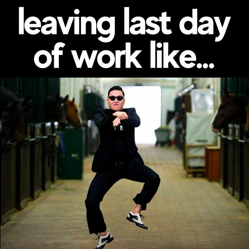last day of job meme funny Meme of a man enthusiastically dancing in a horse stable with the caption 'Leaving last day of work like...' embodying the joy of freedom.