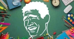 Back-to-school meme featuring a humorous face cutout surrounded by school supplies, ready to tackle the academic chaos with laughter.