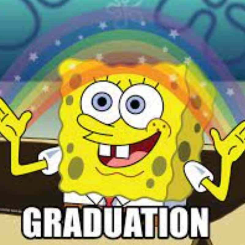 graduation sponge bob meme Meme of a cartoon character celebrating graduation with a rainbow, humorously depicting the magic of finally finishing school.