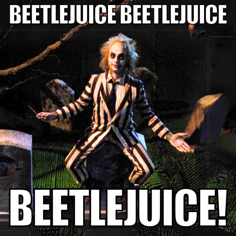 beetlejuice beetlejuice beetlejuice meme photo of michael keaton from the movie sitting on a tombstone saying beetlejuice beetlejuice beetlejuice meme