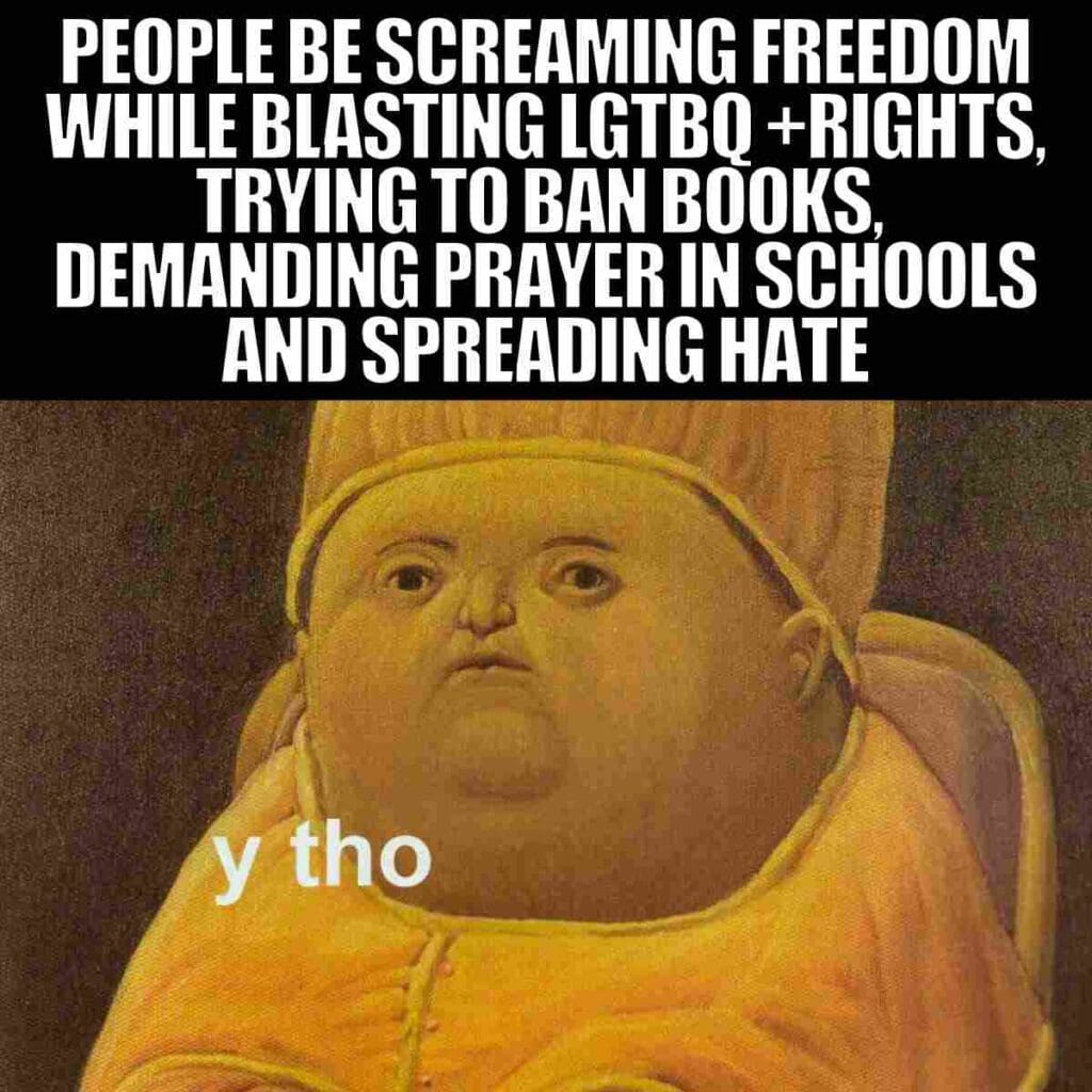 freedom meme funny people be screaming freedom while blasting lgtbq +rights, trying to ban books, demanding prayer in schools and spreading hate