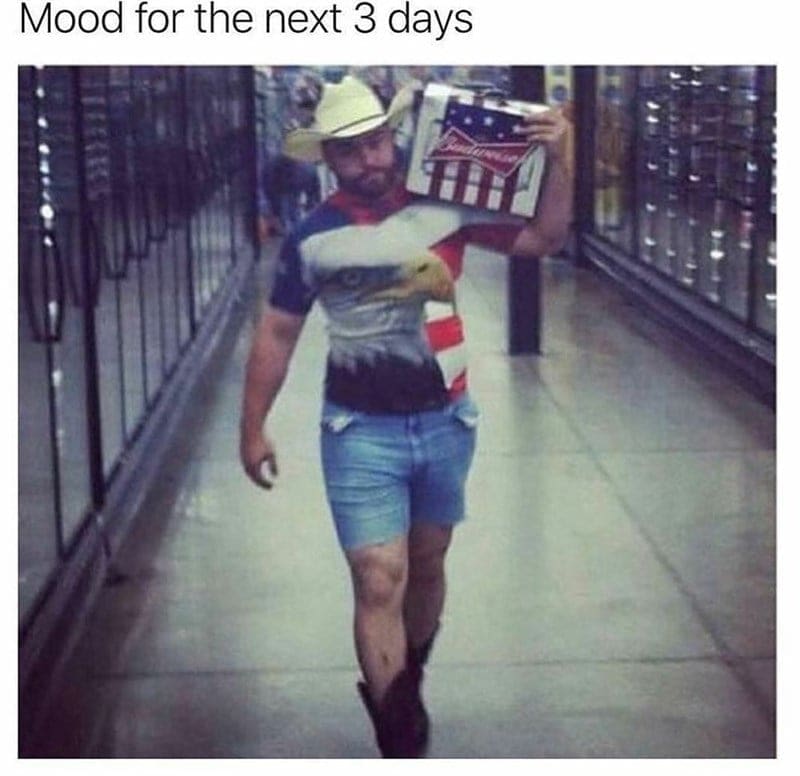 july 4th weekend meme Meme of a man in cowboys boots and a patriotic outfit carrying a Budweiser case, with text 'Mood for the next 3 days,' capturing a weekend vibe of fun and freedom.