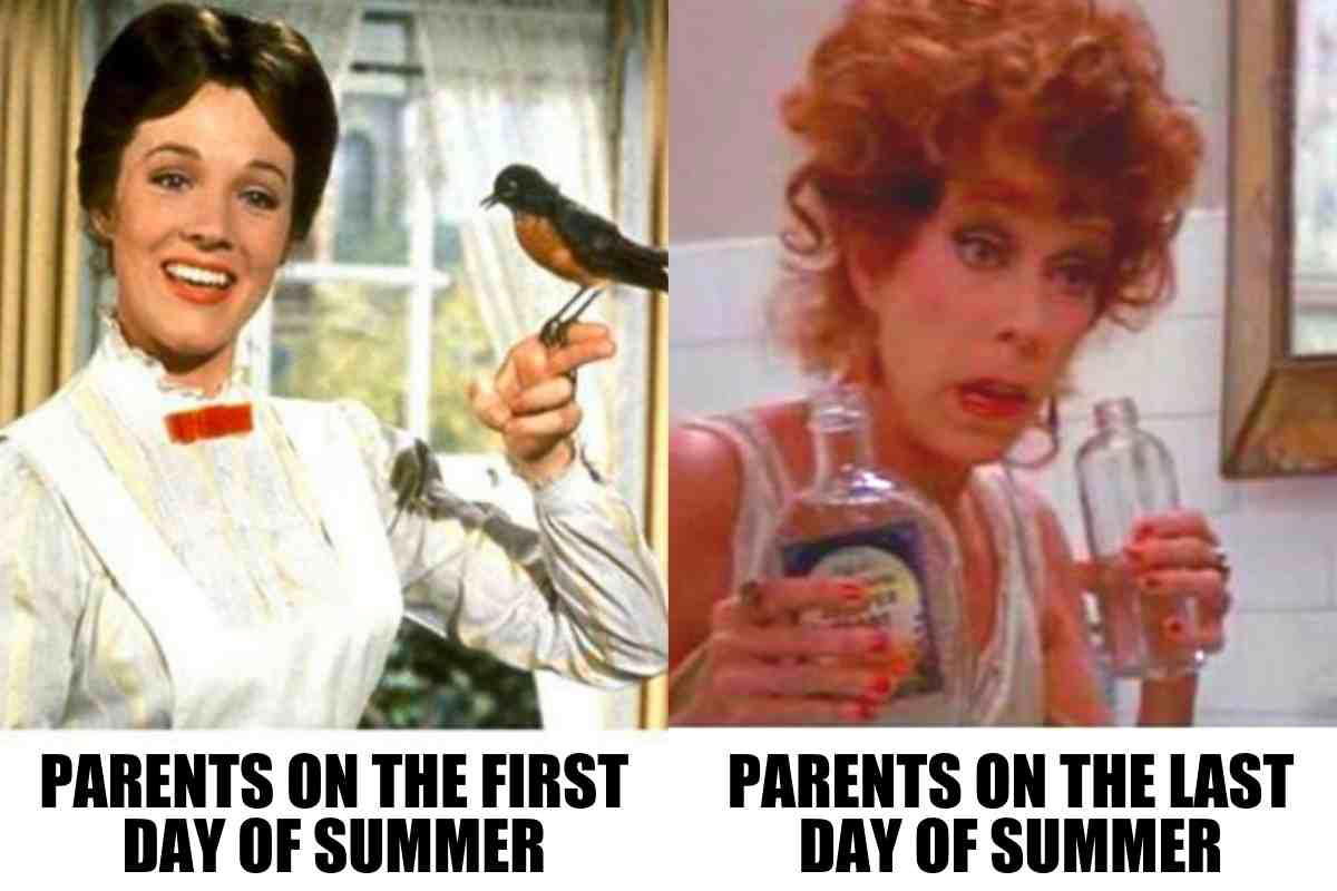 parents summer break Meme split into two images: on the left, a cheerful person holding a bird, labeled 'Parents on the First Day of Summer'; on the right, a frazzled person holding two bottles, labeled 'Parents on the Last Day of Summer.'