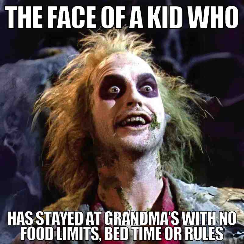 staying with grandma beetlejuice meme beetlejuice meme captioned the look of a kid who has stayed at grandmas with no food limits bed time or rules
