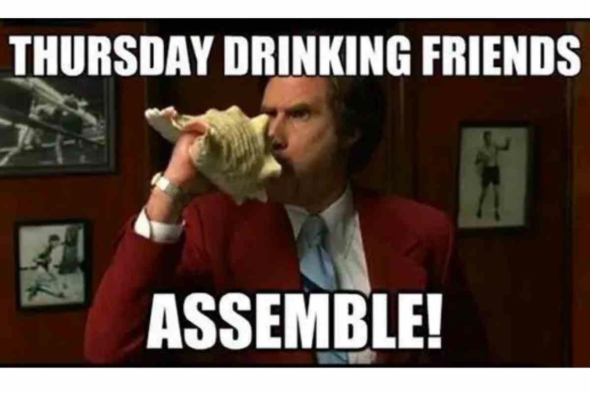thirsty thursday meme A meme featuring a man in a suit blowing into a conch shell, with the text 'THURSDAY DRINKING FRIENDS ASSEMBLE!' suggesting a humorous call to gather for pre-weekend fun.