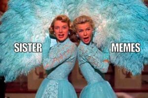 Two women dressed in matching, vintage blue outfits holding large feathered fans, labeled 'SISTER' and 'MEMES,' capturing that iconic sister vibe of synchronized chaos and unspoken communication. Perfect for anyone who knows that sisterhood means sharing everything from clothes to inside jokes that no one else gets.