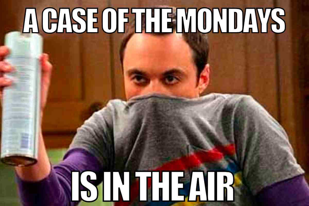 case of mondays meme Meme showing a person hiding behind a shirt and spraying air freshener, with text: 'A case of the Mondays is in the air.' Perfect for Monday humor and memes about the dreaded start of the week.