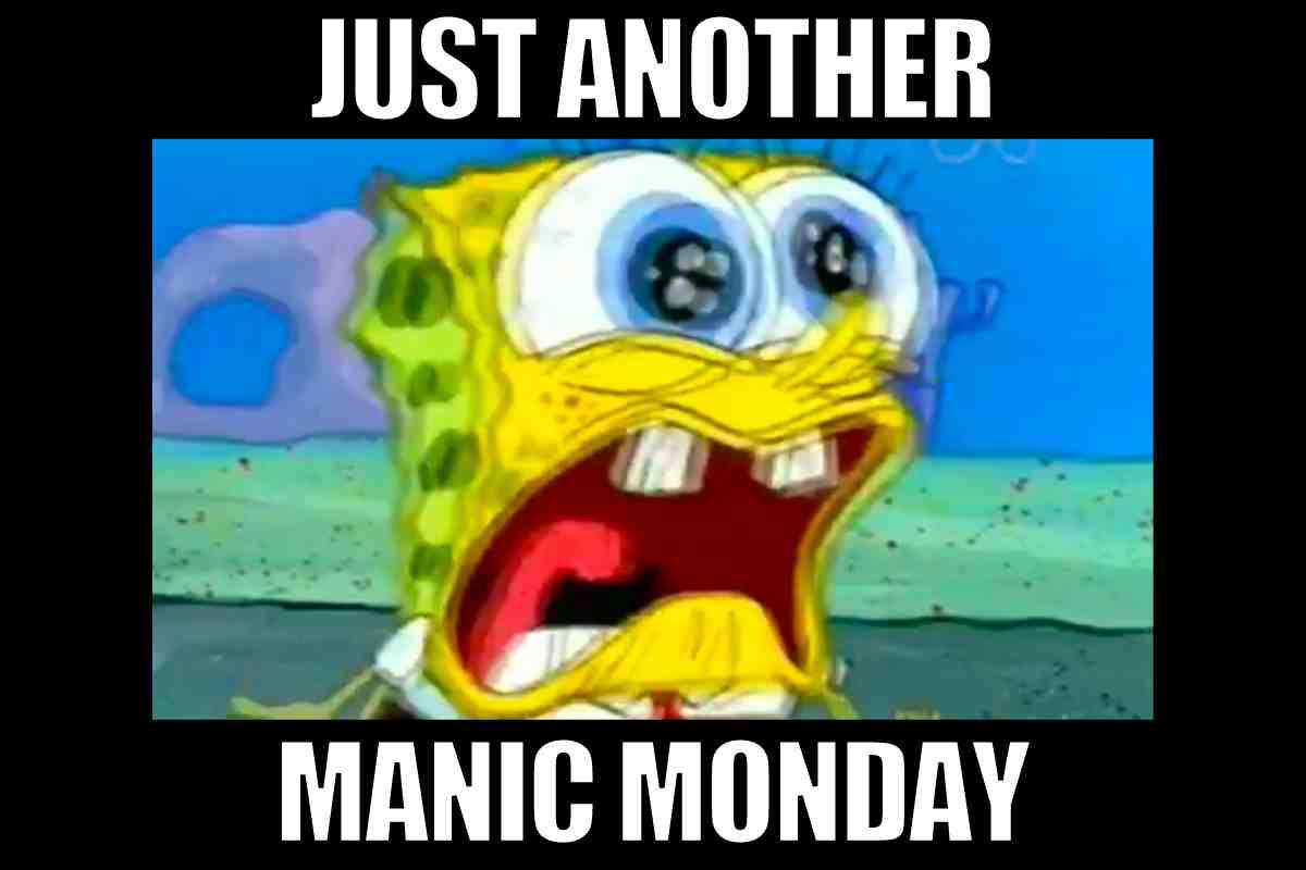 manic monday meme Funny meme of a cartoon character screaming, with text saying 'Just another manic Monday,' perfectly capturing the Monday blues vibe.