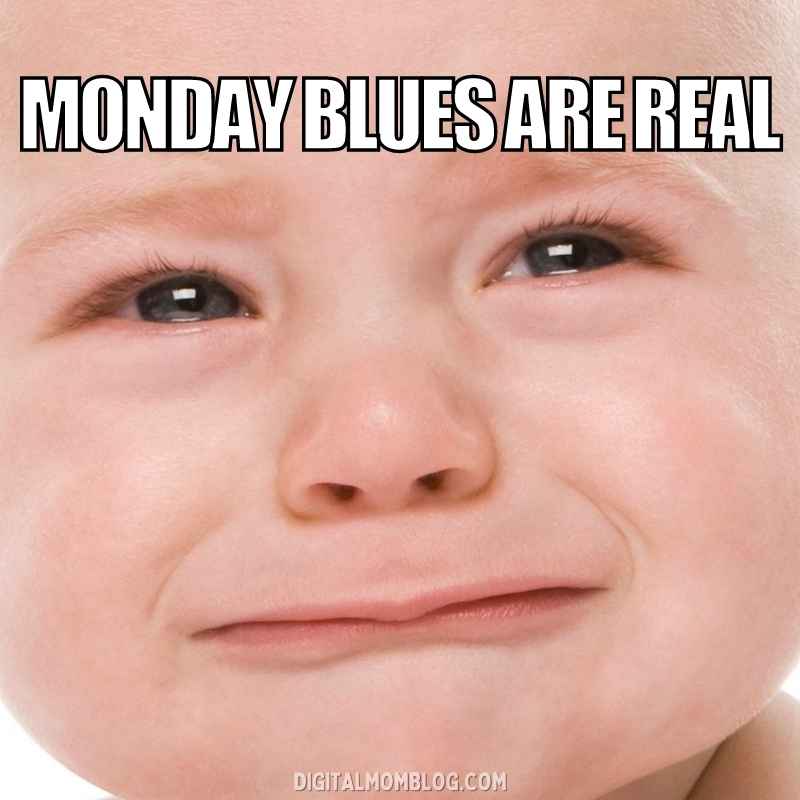 monday blues meme funny Crying baby meme with the caption 'Monday blues are real,' humorously capturing the universal dread of starting a new week.