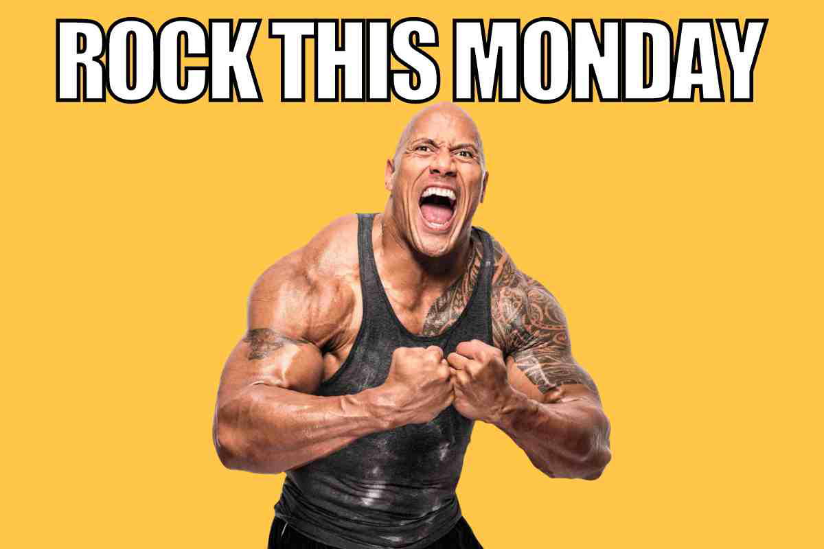 monday rocks meme Meme of a muscular man in a tank top, screaming with enthusiasm, captioned 'Rock This Monday,' embodying the spirit of tackling Monday with intense energy.