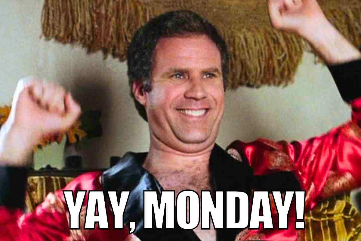 positive monday meme Meme with a joyful man in a funky red robe celebrating Monday with sarcastic humor.