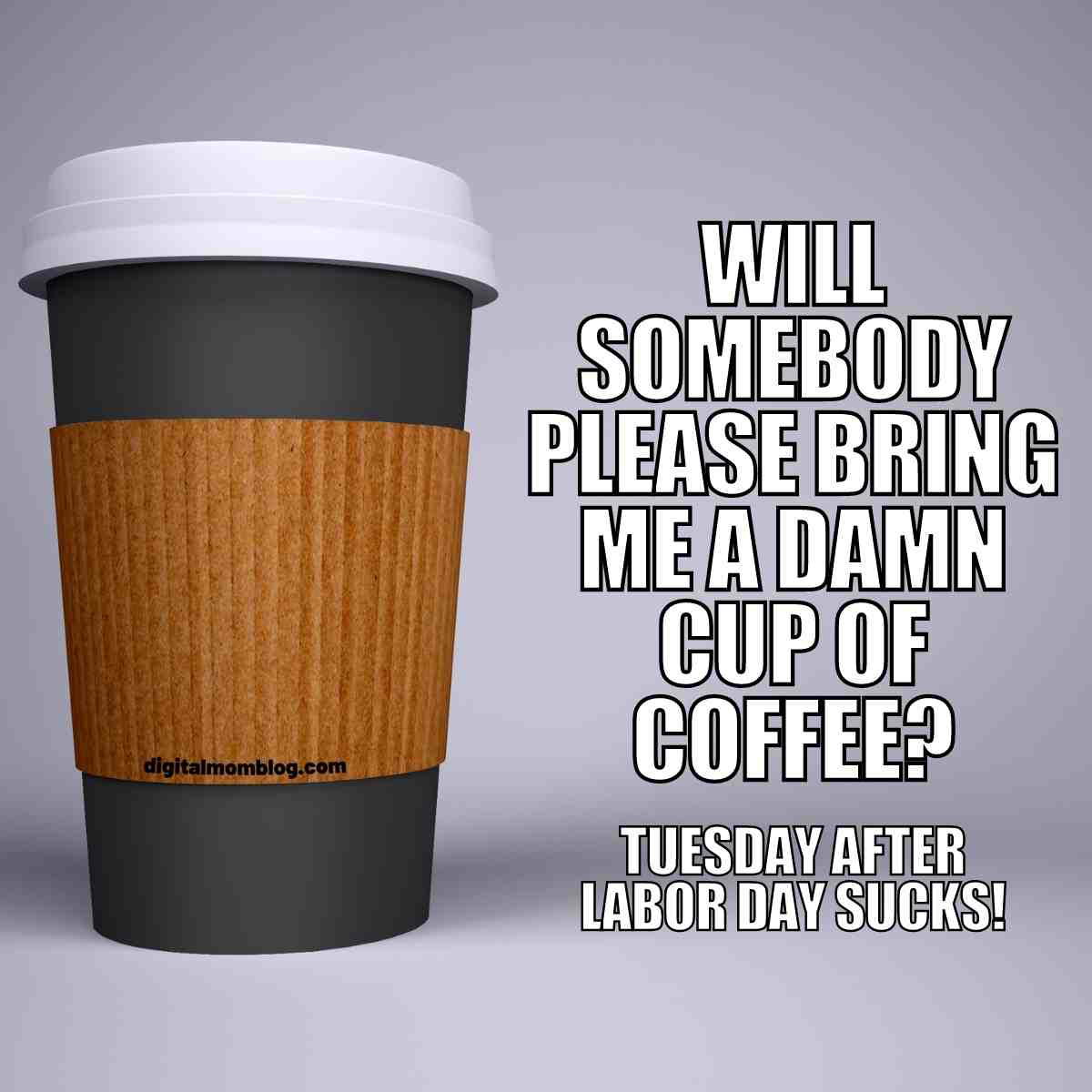 tuesday labor day meme funny A Tuesday meme featuring a coffee cup with the text: 'Will somebody please bring me a damn cup of coffee? Tuesday after Labor Day sucks!' Humorously capturing the postholiday blues.