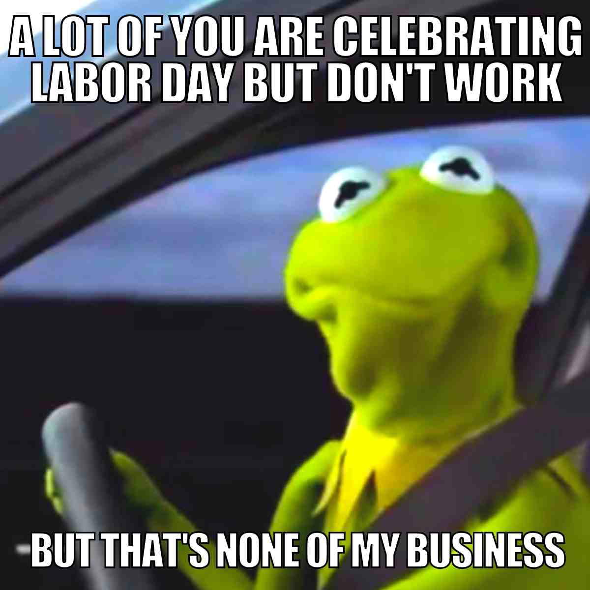 unemployed labor day meme Meme featuring a frog driving, with text saying, 'A lot of you are celebrating Labor Day but don't work, but that's none of my business.' Humorous take on unemployment.