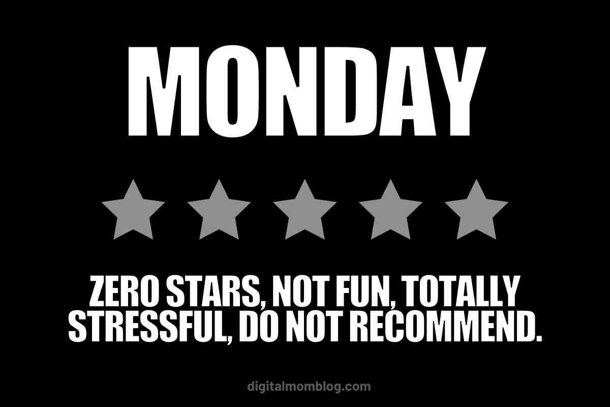 zero stars meme monday Funny meme with a fake rating for Monday as zero stars, described as not fun and stressful, with a disclaimer of "do not recommend."