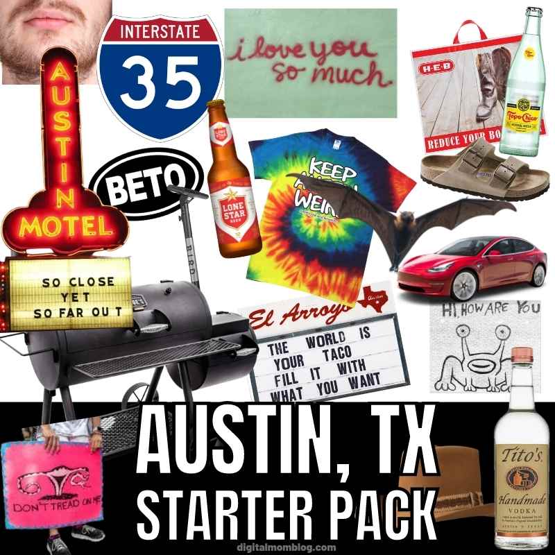 austin texas starter pack meme Austin, TX starter pack meme collage featuring iconic Texas symbols like an Interstate 35 sign, Lone Star beer, Austin Motel sign, tie-dye shirt, Tito's Vodka, and famed El Arroyo sign, humorously encapsulating the quirky spirit of Austin.