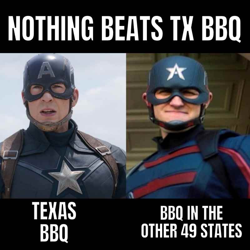 nothing beats texas bbq meme Meme comparing two superheroes, labeled 'Texas BBQ' and 'BBQ in the Other 49 States,' humorously implying Texas BBQ's superiority.
