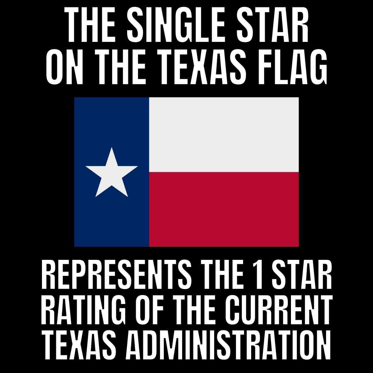 state of texas meme review one star Meme showing the Texas flag with text humorously stating that the single star represents a one-star rating for the current Texas administration.