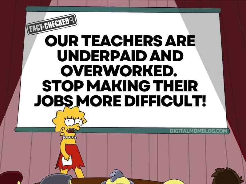 teachers meme teachers are overpaid and underworked Meme featuring a cartoon character passionately warning an audience about teachers being underpaid and overworked, urging them to ease up.