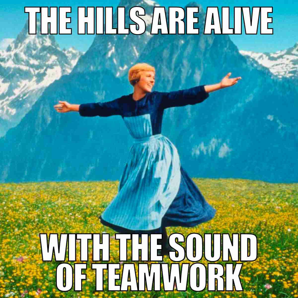 teamwork meme for work Meme of a joyful woman spinning in a meadow with text: 'The hills are alive with the sound of teamwork.' It's a humorous take on the famous 'Sound of Music' scene, implying that group projects can be almost as enchanting.
