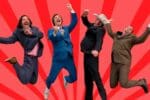 Four ecstatic men in suits and a cowboy hat jumping with joy on a red background, embodying Monday morning meme triumphs at the office.