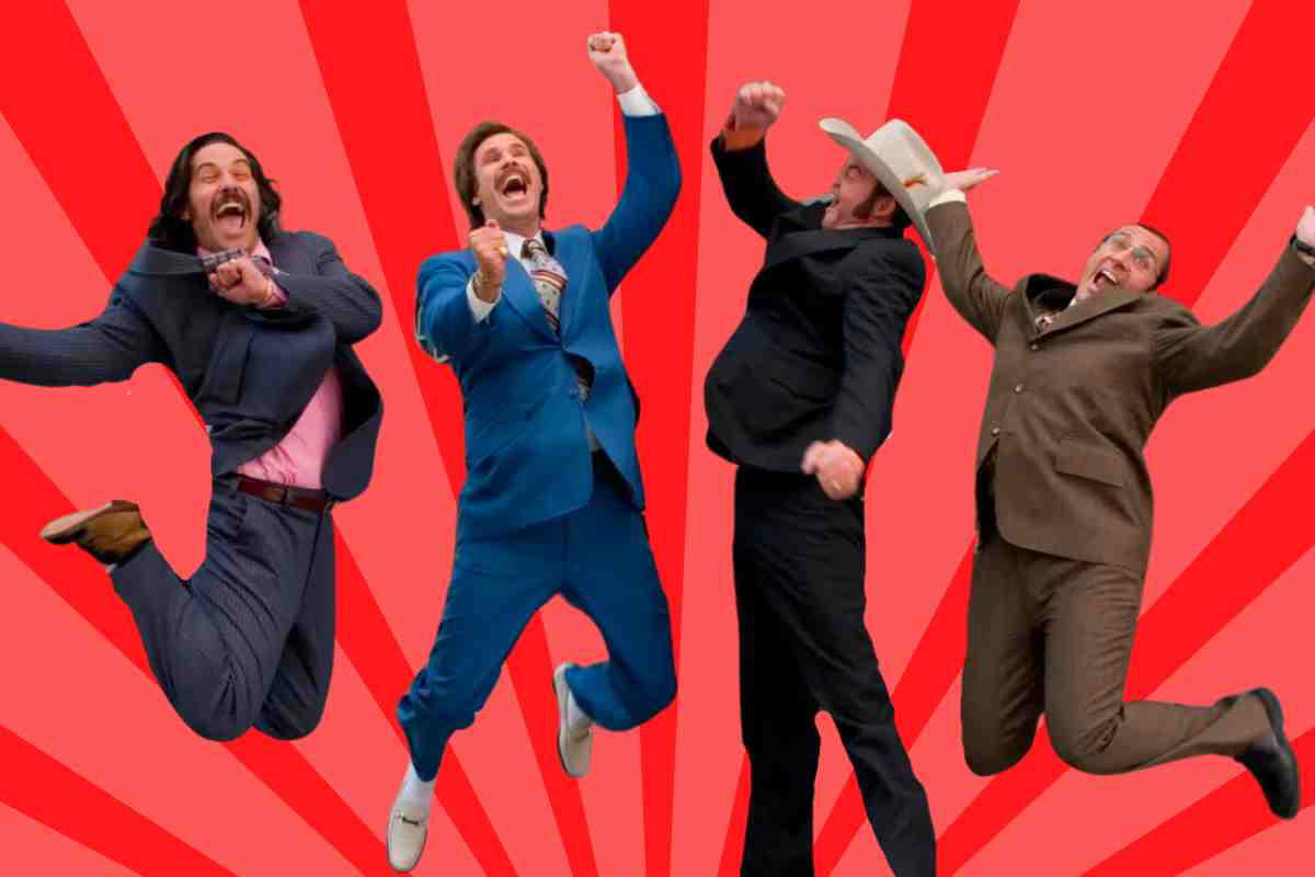 teamwork memes 1 Four ecstatic men in suits and a cowboy hat jumping with joy on a red background, embodying Monday morning meme triumphs at the office.