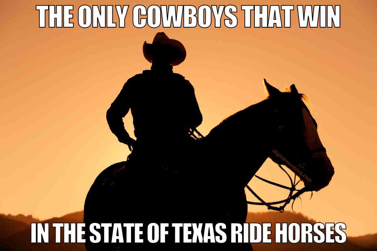 texas cowboys meme Silhouette of a cowboy on a horse at sunset with text saying, 'The only cowboys that win in the state of Texas ride horses,' adding some humorous Texas pride.