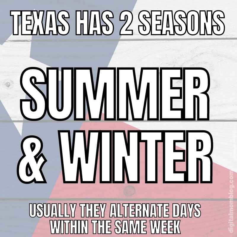 texas season meme Texas meme with text saying 'Texas has 2 seasons: summer & winter, usually they alternate days within the same week,' humorously capturing Texas weather unpredictability.