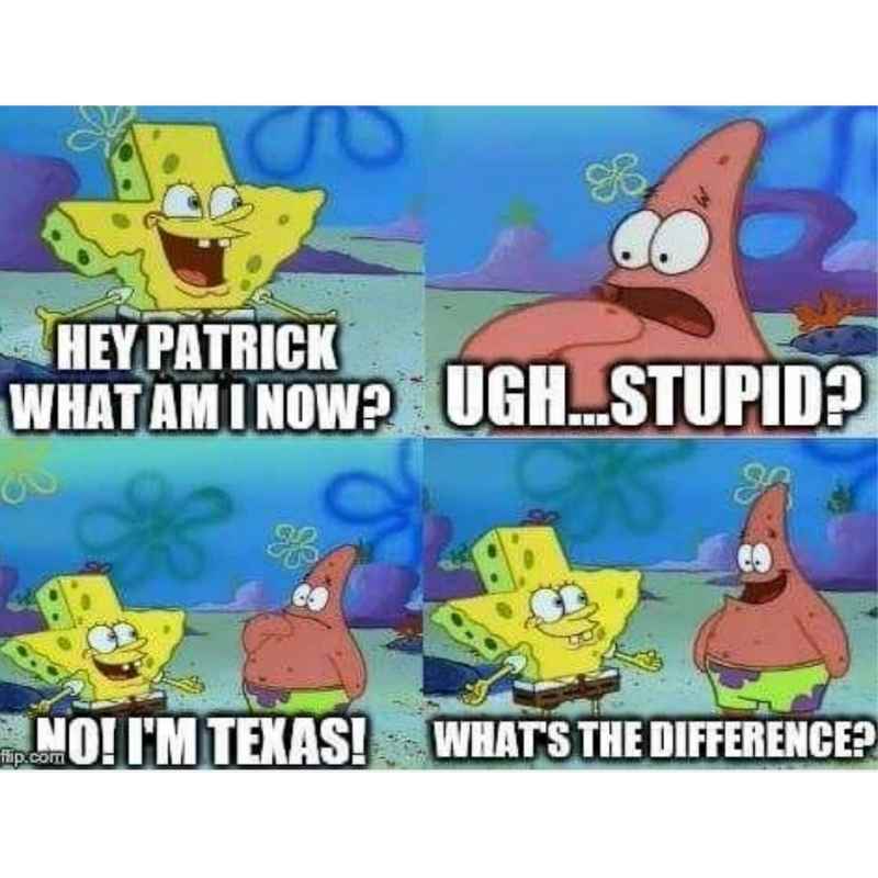 texas sponge bob meme Meme with SpongeBob dressed as Texas, asking Patrick "Hey Patrick, what am I now?" Patrick replies "Ugh...stupid?" to which SpongeBob exclaims "No! I'm Texas!" and Patrick quips "What's the difference?"