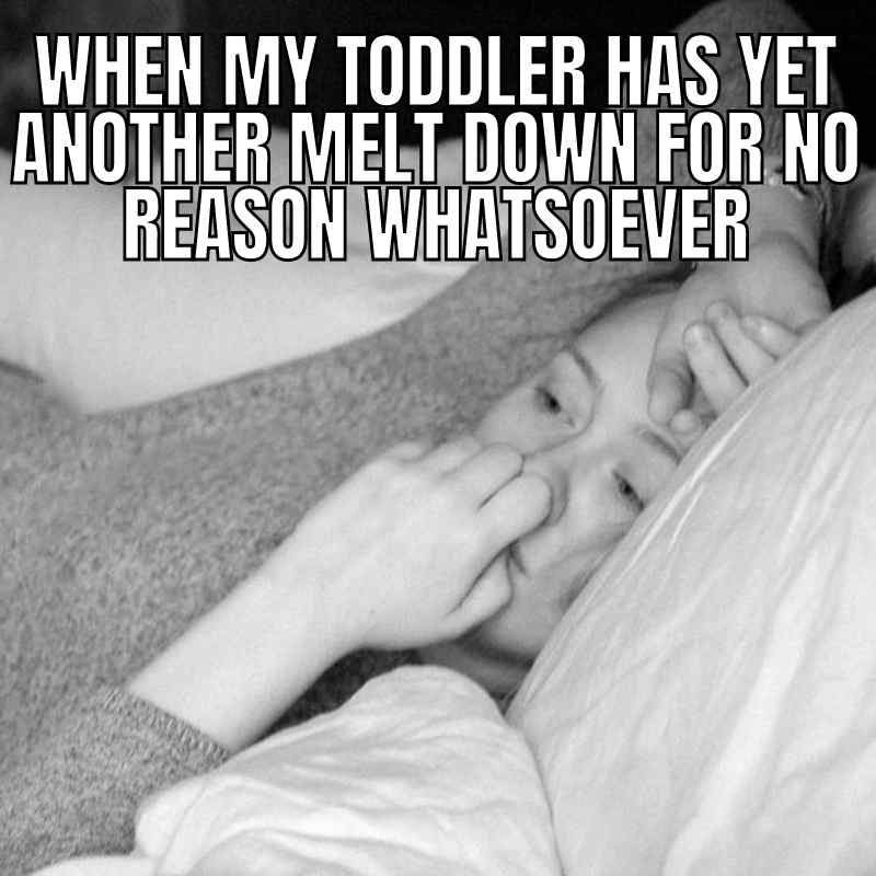 toddler adele meme Meme featuring a tired woman lying in bed with a hand on her forehead, captioned 'When my toddler has yet another meltdown for no reason whatsoever.'