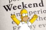 Animated character celebrating the joy of the weekend with arms raised, set against a background showing the word 'Weekend'.