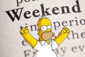 Animated character celebrating the joy of the weekend with arms raised, set against a background showing the word 'Weekend'.