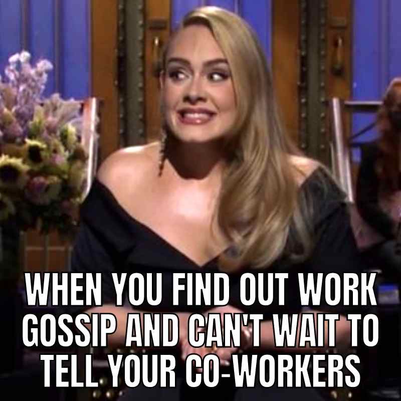 work gossip meme adele Meme of a woman with a mischievous grin, captioned "When you find out work gossip and can't wait to tell your co-workers," capturing the humorous thrill of office rumors.
