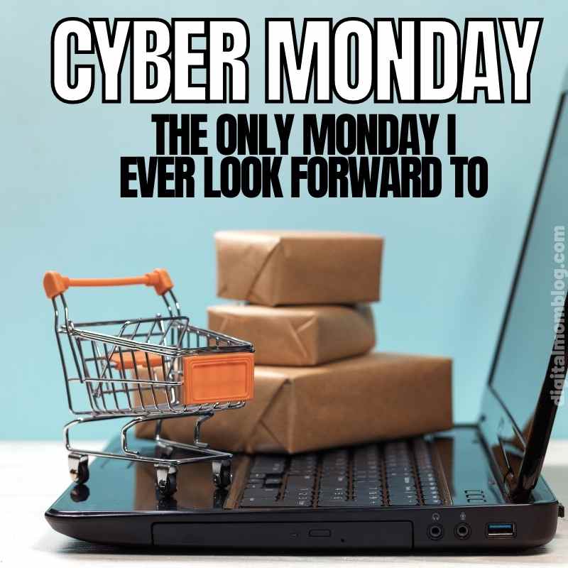 best monday meme cyber monday A humorous meme shows a tiny shopping cart and packages on a laptop, with the caption 'Cyber Monday: The only Monday I ever look forward to.'