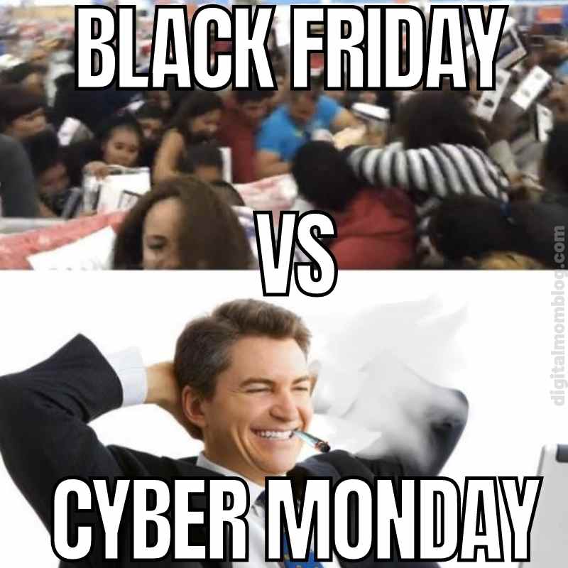 black friday vs cyber monday meme Humorous meme comparing chaotic Black Friday shopping with relaxed Cyber Monday online deals.