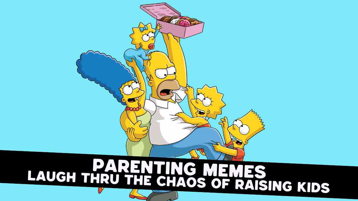 funny parenting memes Illustration of an animated family from The Simpsons with yellow skin, featuring an adult holding a baby and a box of doughnuts, surrounded by three children reaching for the box, with the caption "Parenting Memes: Laugh Thru the Chaos of Raising Kids" at the bottom.