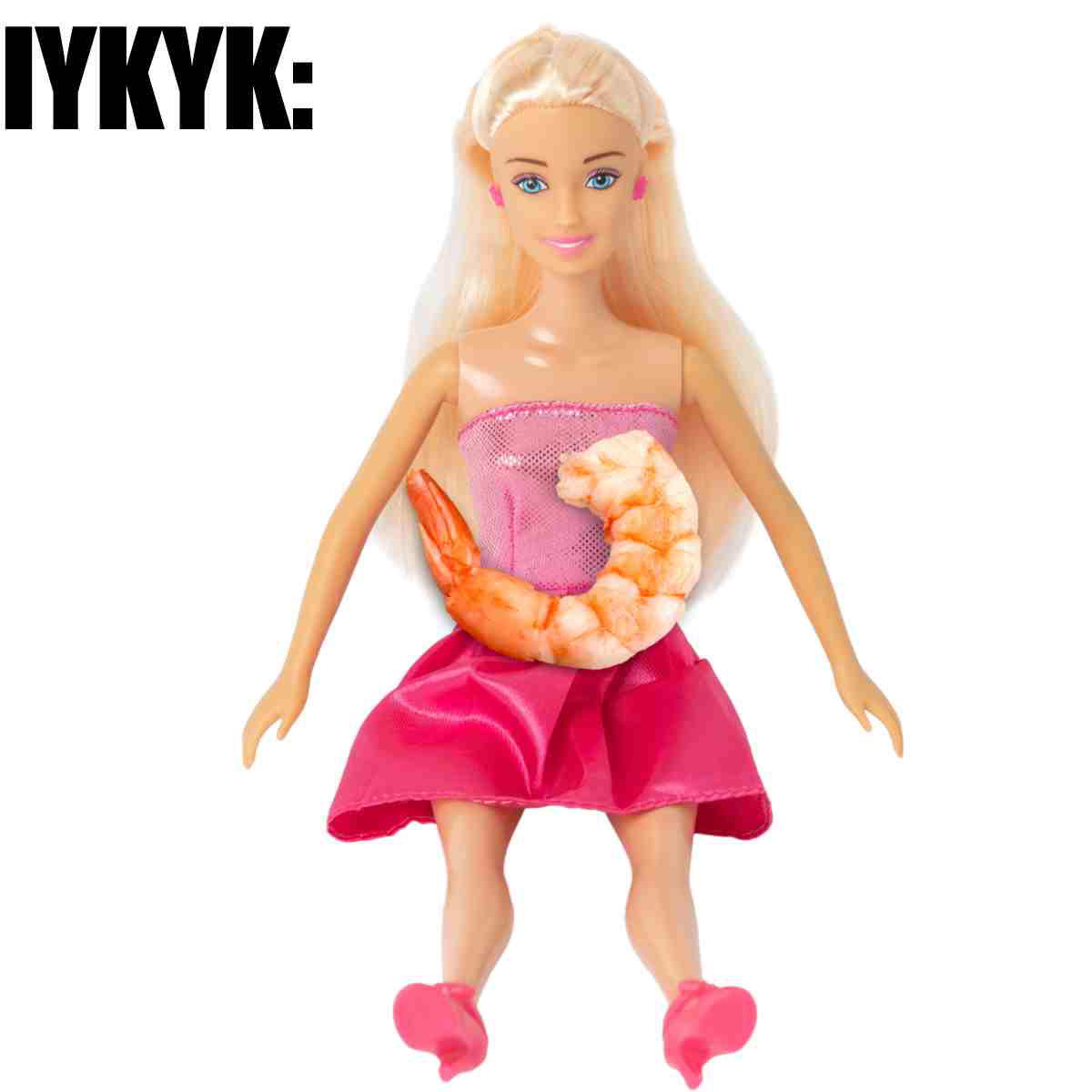 shrimp on the barbie meme If You Know You Know meme featuring a fashion doll wearing a shrimp like an accessory, blending haute couture with seafood chic.