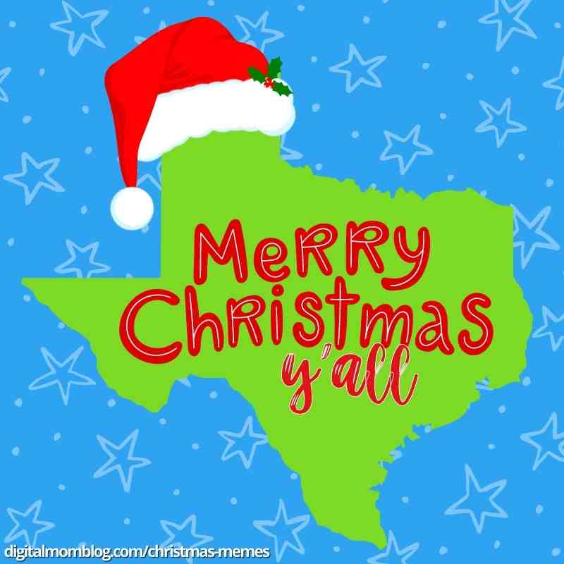 texas christmas meme Festive Texas-shaped meme featuring a Santa-hat-topped "Merry Christmas y'all" message on a blue starry background, celebrating Christmas with Southern charm and humor.