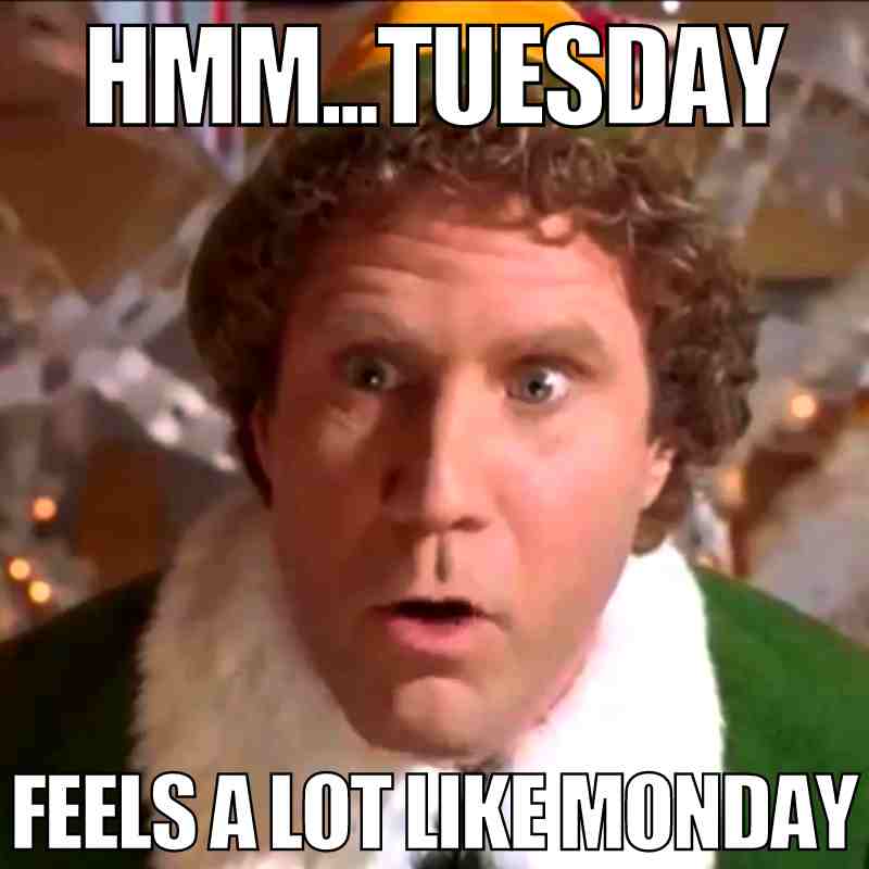 tuesday december meme Funny Tuesday meme featuring a man in a festive outfit looking bewildered, with text joking that Tuesday feels suspiciously similar to Monday.